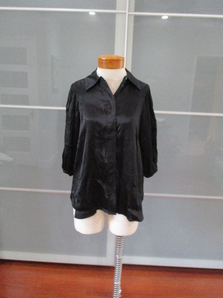 Ganni Satin Effect 3/4 Sleeve Button Front Black Blouse
